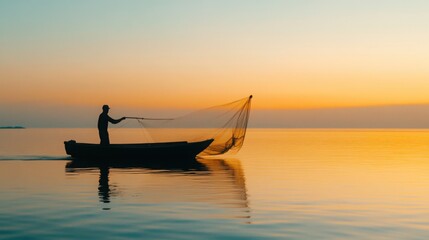 A fisherman casting a net from a boat at sunrise on a calm sea.