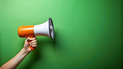 Hand holding orange megaphone against green background, communication, announcement, advertising, marketing