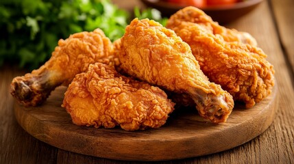 49. Delicious, perfectly fried chicken pieces displayed on a wooden background, with a focus on their crunchy exterior and tender meat