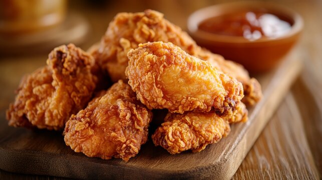 50. Close-up of crispy fried chicken arranged on a rustic wooden table, capturing the golden-brown crust and mouth-watering appeal
