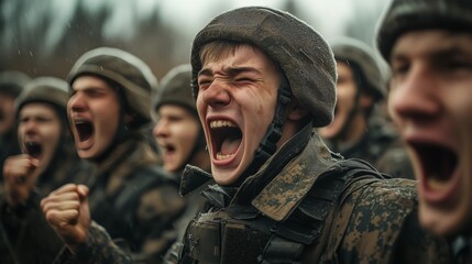 Fototapeta premium A group of young soldiers in military uniforms are shouting and cheering during training