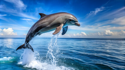 Fototapeta premium Dolphin jumping out of the water, showcasing its grace and agility, dolphin, marine life, aquatic mammal, water, wildlife, ocean, nature