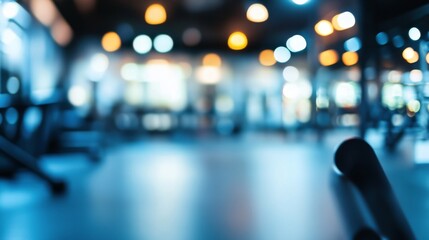 76. Abstract blurred image of a modern fitness gym with bright lighting, high-end equipment, and an energetic atmosphere, creating a dynamic workout environment