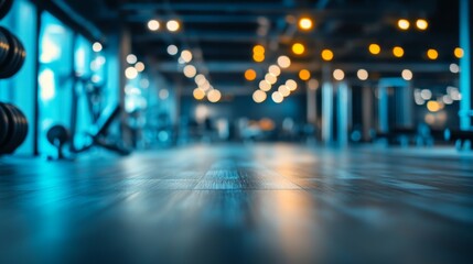 79. Blurred background of a fitness gym with bright lights, polished floors, and high-end workout equipment, creating a vibrant and motivating setting