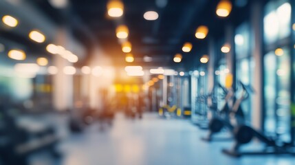 80. Abstract blurred image of a fitness gym with soft lighting, modern fixtures, and a variety of exercise machines, creating an active and dynamic environment