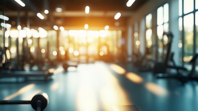 80. Abstract blurred image of a fitness gym with soft lighting, modern fixtures, and a variety of exercise machines, creating an active and dynamic environment