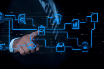 Businessman using technology smart robot AI. Database and process automation to manage files, knowledge, and documentation in the company. Ai technology, Artificial Intelligence.