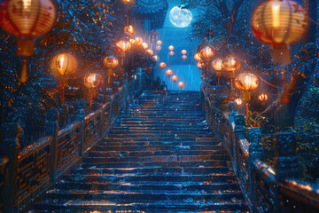 The ancient town on a rainy day, with red lanterns and stone bridges