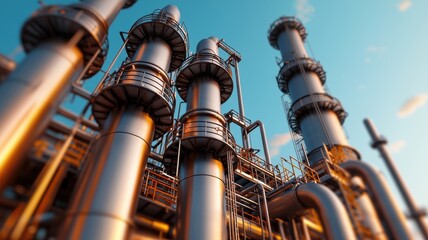 Industrial machinery with towering pipes and equipment against a clear sky, illustrating modern engineering and manufacturing.