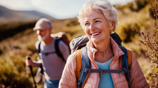 Elderly couple smiling while hiking on a scenic trail enjoying the outdoors