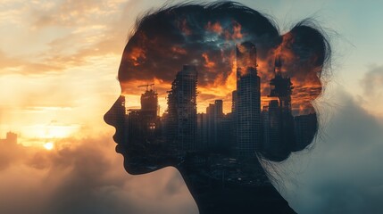 Double exposure of a human head and destroyed buildings, silhouette against a sunset sky background