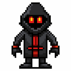 Obraz premium 8 Bit Hooded Character with Red Glowing Eyes in Black Outfit on White Background