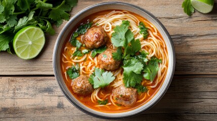 89. Bowl of egg noodles with pork and meatballs in a rich, spicy Tom Yum broth, garnished with fresh cilantro and lime slices, served on a rustic wooden table