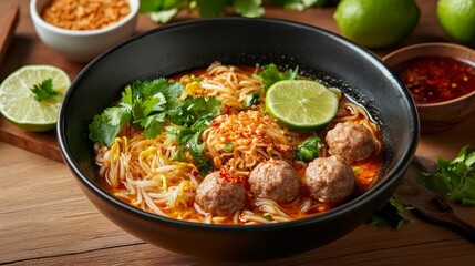 Fototapeta premium 90. Close-up of a hearty bowl of Tom Yum noodles with egg noodles, pork, and meatballs, garnished with fresh herbs, lime, and chili flakes, on a wooden background