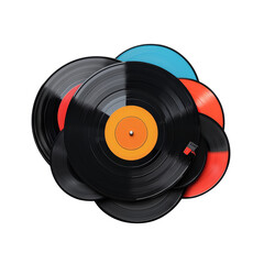 Collection of colorful vinyl records stacked on a black background