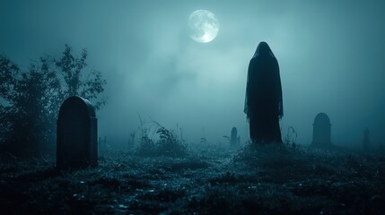 A ghostly figure floating above a grave in a foggy cemetery with a full moon