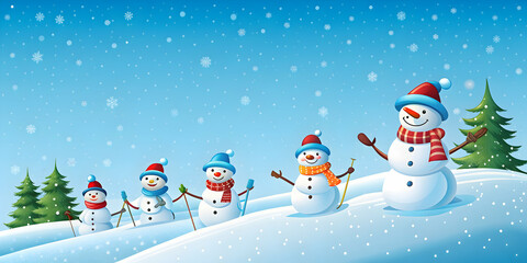 Fototapeta premium Ski slope with cartoon-style snowmen, winter holiday s, skiing, snow, snowmen, winter, holiday, cartoon, fun, cold
