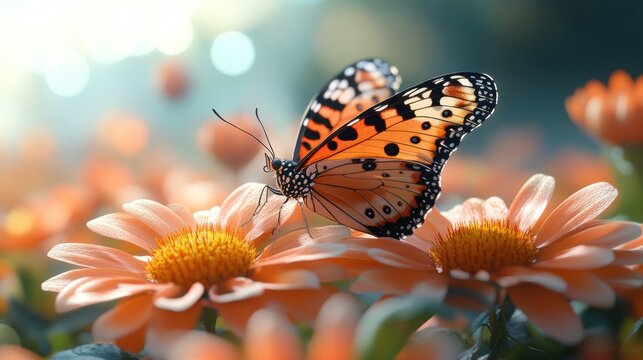 A butterfly perched on vibrant flowers in a serene garden.