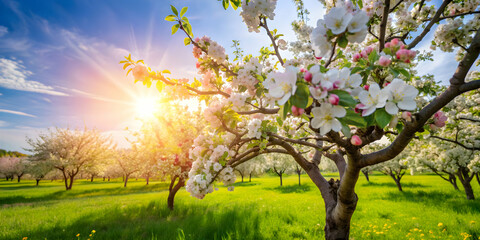 Fototapeta premium Apple tree blossoms in full bloom on a sunny spring day, apple tree, blossom, spring, sunny, day, nature, outdoor, garden