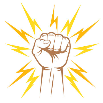 Protest fist with lightning. People protesting for human rights, equality anti-discrimination movement. Clenched fist raised up. Gym logo. Vector illustration.