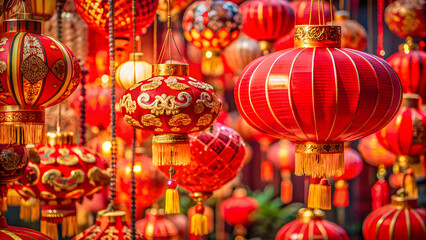 Vibrant Chinese New Year decorations including red lanterns, paper cuttings, and lucky symbols , Chinese New Year