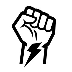 Protest fist with lightning. People protesting for human rights, equality anti-discrimination movement. Clenched fist raised up. Gym logo. Vector illustration.