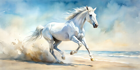 Watercolour abstract aquarelle painting of a white horse running in the sand , horse, animal, watercolour, abstract, aquarelle