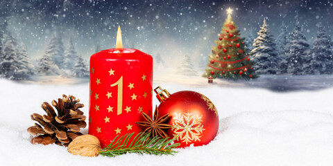 First 1st Sunday in advent with burning candle Christmas tree time winter panorama with copyspace copy space