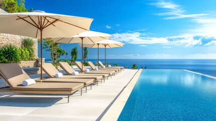 Obraz premium 150. Poolside scene with plush sunbeds under elegant umbrellas, facing a beautiful swimming pool and the endless ocean, perfect for a holiday retreat