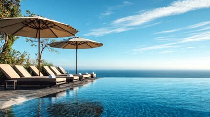 Obraz premium 151. Close-up of a pool area with comfortable lounge chairs and large umbrellas, all positioned around a sparkling pool with a breathtaking ocean view in the background