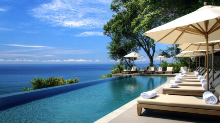 151. Close-up of a pool area with comfortable lounge chairs and large umbrellas, all positioned around a sparkling pool with a breathtaking ocean view in the background