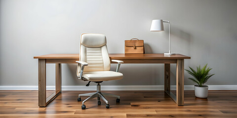 Fototapeta premium render mockup of a small office with a wooden desk and chair, a white bag on the desk, office, workspace, render
