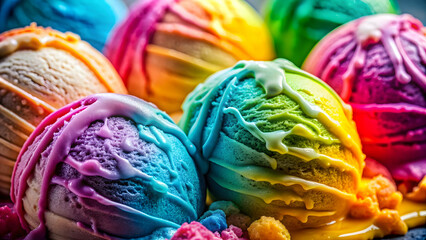 Close-up of melting multi-colored ice cream on a flat background, summer, delight, sweet, treat, frozen dessert