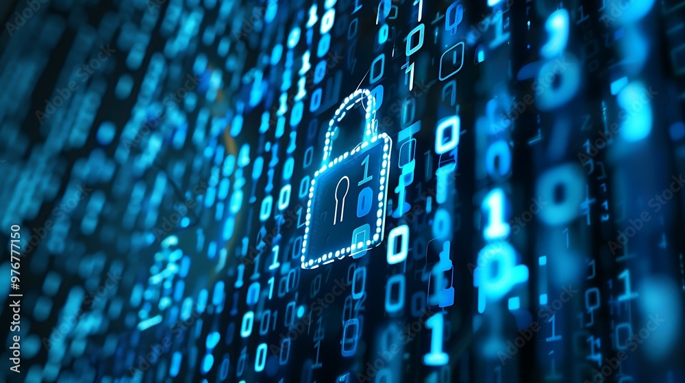 Poster digital lock symbolizing cybersecurity and protection of data in a binary code background. the conce