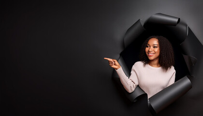 mujer joven señaló el lado mientras que miraba a través del agujero negro en la pared de pap