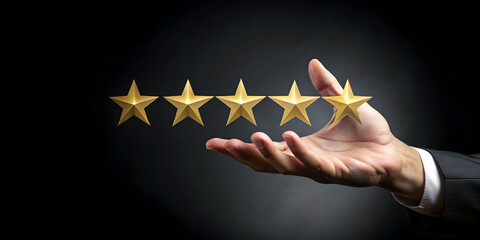 Hand displaying five star excellent rating on black background, customer experience, review, feedback, rating, satisfaction