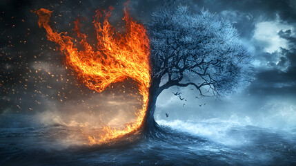 Fototapeta premium One half of the tree is made of flames, and the other half is frozen, showcasing duality