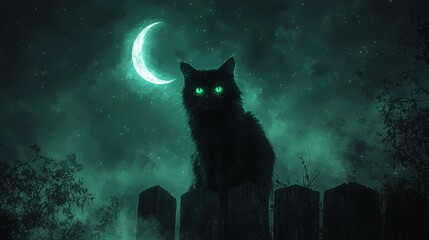 A black cat with glowing green eyes sitting on a fence under a crescent moon
