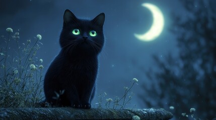 A black cat with glowing green eyes sitting on a fence under a crescent moon