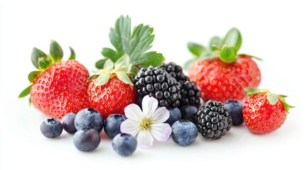 Berries including strawberries, blueberries, and blackberries with edible flowers on a white background, high resolution 50 keywords