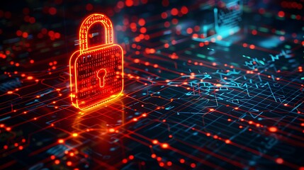 Glowing red lock icon standing on a digital network grid symbolizes cybersecurity data protection. The illustration depicts the digital landscape and the importance of safeguarding information.