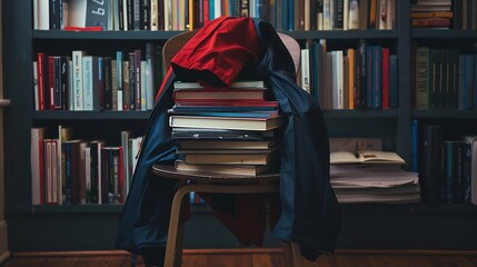 A chair has a pile of novels with a grad jacket on top of it