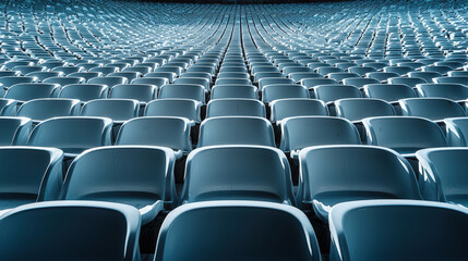 Fototapeta premium image showcases vast array of empty stadium seats, creating sense of depth and perspective. cool blue tones enhance tranquil atmosphere of scene