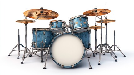 A blue drum set with cymbals, designed for music performance.