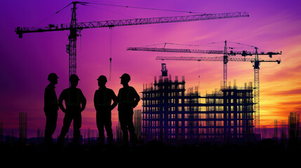 Silhouette of construction workers at site with cranes against vibrant sunset. scene captures essence of teamwork and dedication in construction industry