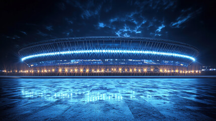 Fototapeta premium A stunning stadium structure illuminated by vibrant blue lights against dramatic night sky, showcasing its architectural beauty and modern design