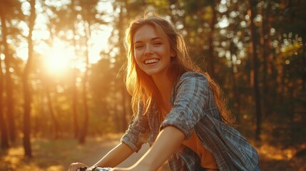 Joyful Woman Biking Through Forest During Sunset, Embracing Nature and Summer Vacation Vibes