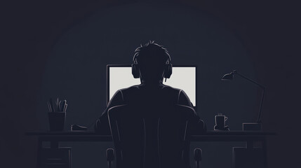 A gamer silhouette sitting at desk, immersed in dark environment, with computer screen glowing in front. scene captures focused and intense atmosphere