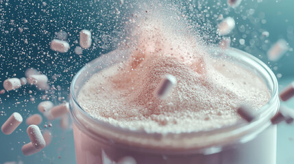 Fototapeta premium Protein powder dissolving in container, showcasing its fine texture and surrounding capsules. This image highlights benefits for digestive system, creating dynamic and engaging visual