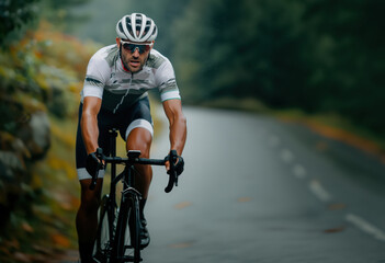 Determined Cyclist in Action on a Scenic Highway During an Intense Training Session